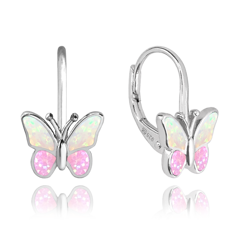 MINET Kolczyki błyszczące srebrne MOTYLE z różowym opalem