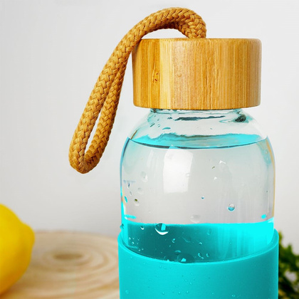 Butelka szklana silikonowa bidon na wodę sok lemoniadę smoothie koktajl turkusowa 500 ml