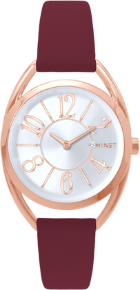 MINET Rose gold damski zegarek ICON PINK z bordowym skórzanym paskiem