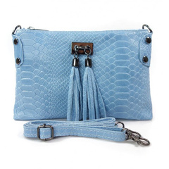 Skórzana włoska listonoszka ,wężowa skórka,frędzelki  błękitna  LP149BC
