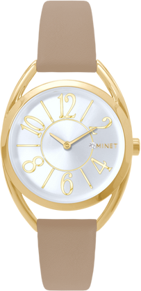 MINET Srebrno-złote damski zegarek ICON GOLD z beżowym skórzanym paskiem