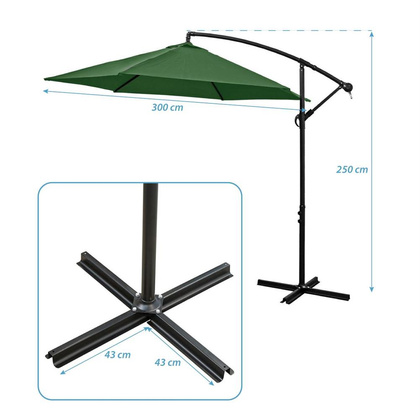 Parasol ogrodowy 300cm składany na wysięgniku zielony