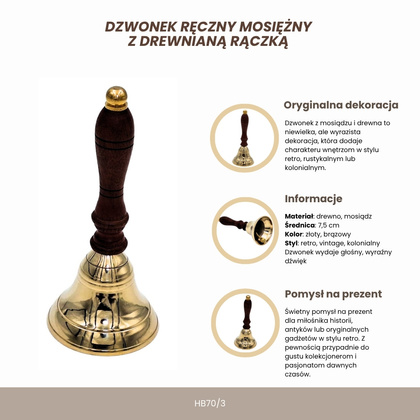 Dzwonek Ręczny Mosiężny z Drewnianą Rączką – Retro – HB70/3