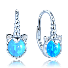 MINET Dziecięce srebrne kolczyki jednorożce z niebieskimi opalami i białymi cyrkoniami