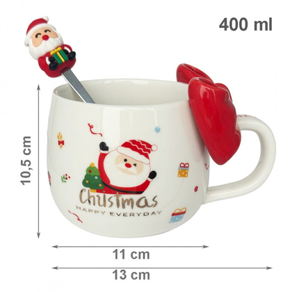 KUBEK ŚWIĄTECZNY Z KOKARDĄ - zestaw w pudełku z łyżeczką 400 ml KB25CZE