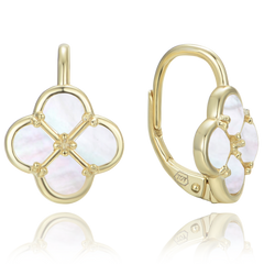 MINET Pozłacane srebrne kolczyki koniczyna z białą masą perłową