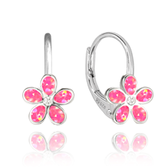 MINET Kolczyki błyszczące srebrne KWIATY z różowymi opalemi i cyrkonia