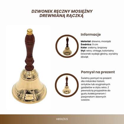 Dzwonek Ręczny Mosiężny z Drewnianą Rączką – Styl Retro– HB56/6.5