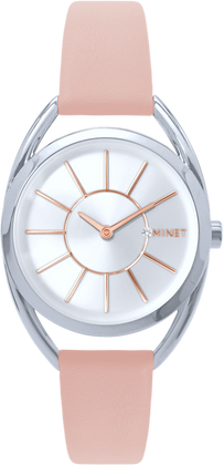 MINET Srebrny zegarek damski ICON SILVER z różowym skórzanym paskiem