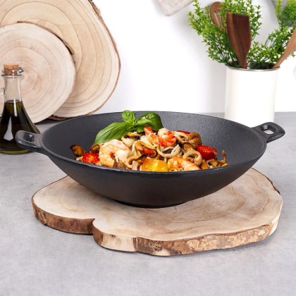 Patelnia żeliwna wok talerz żeliwny z dwoma uchwytami okrągła 30 cm