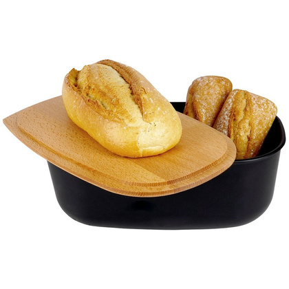 Chlebak pojemnik na pieczywo z drewnianą deską czarny 39x23,5x15,5 cm