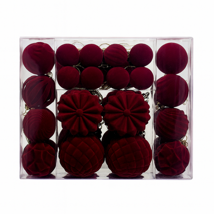 Komplet bombek na choinkę w opakowaniu, bombki welurowe 48szt. bordowe BSN72