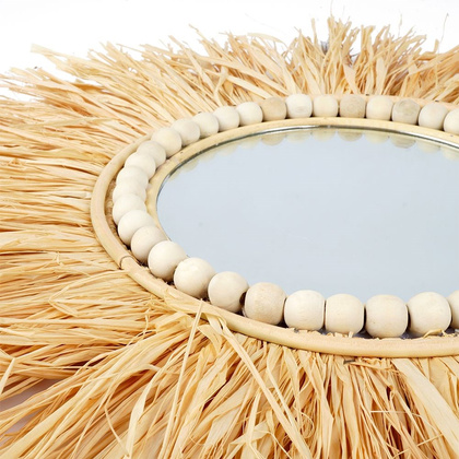 Lustro okrągłe wiszące w naturalnej ramie z koralikami ścienne do salonu rafia boho 50 cm