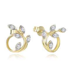 MINET Srebrne pozłacane kolczyki liście z białymi cyrkoniami