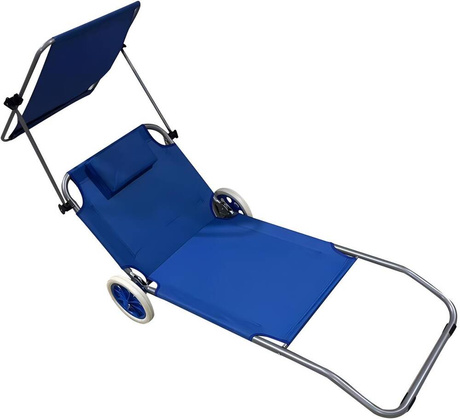 LEŻAK SKŁADANY PLAŻOWY Z DASZKIEM NA KÓŁKACH 112x62x60-90CM NIEBIESKI