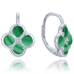 MINET Srebrne kolczyki koniczyna z malachitem