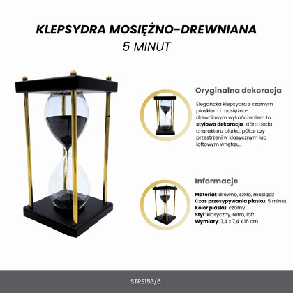 Klepsydra Mosiężno-Drewniana 5 minut – Czarny Piasek – Elegancka Dekoracja Retro - STRS153/6