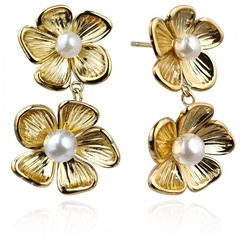 Kolczyki ze stali szlachetnej platerowane 14k złotem KWIATY perły KST3379