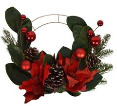 Obręcz złota metalowa z kwiatem gwiazdy betlejemskiej, szyszkami i bombkami