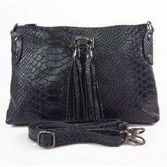 Skórzana włoska listonoszka ,wężowa skórka,frędzelki  czarna  LP149N