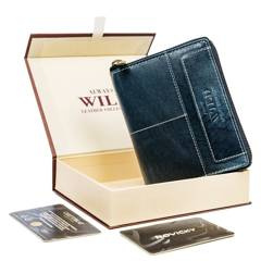 Pionowy portfel męski na zamek z przeszyciami, skóra naturalna