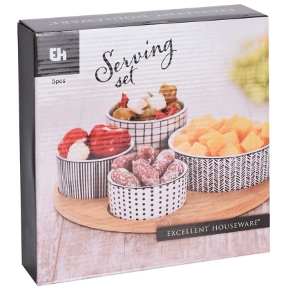 Miseczki porcelanowe zestaw do przekąsek przystawek tapas na bambusowej tacy 5 elementów