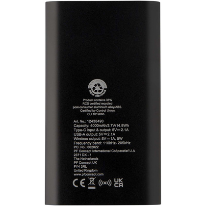 Juice bezprzewodowy powerbank o pojemności 4000 mAh Type-C z aluminium pochodzącego z recyklingu