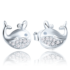 MINET Kolczyki srebrne wieloryby z białymi cyrkoniami