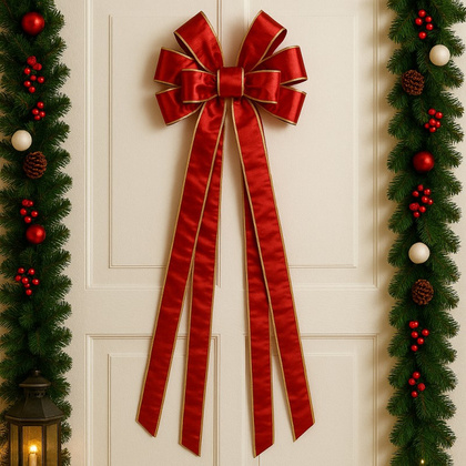 Duża czerwona kokarda XL ozdoba świąteczna na drzwi, choinkę 33 x 120cm WOZ44
