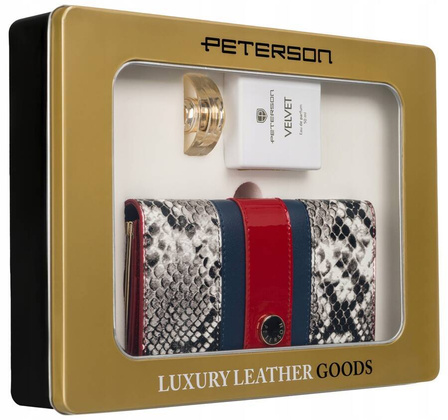 Zestaw prezentowy skorzany portfel damski na zatrzask i woda perfumowana Velvet