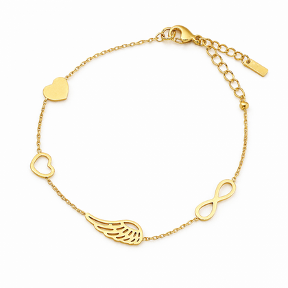 Bransoletka na rękę stal chirurgiczna pozłacana 14k złotem Celebrytka, skrzydełko, serca BST1554