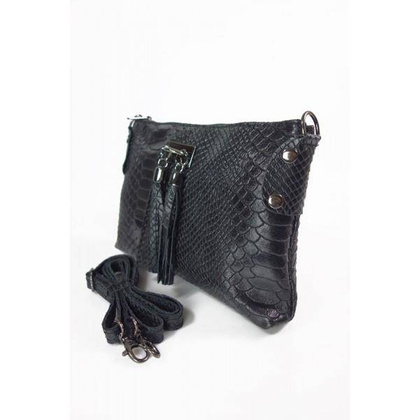 Skórzana włoska listonoszka ,wężowa skórka,frędzelki  czarna  LP149N