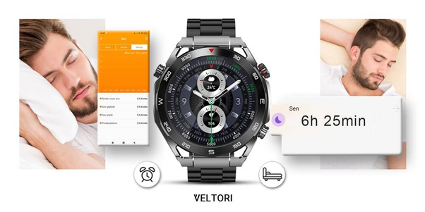 Smartwatch Veltori VT100-1 + Czarny Pasek Silikonowy + Czarny Eko Skóra