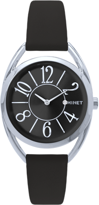 MINET Czarno-srebrny damski zegarek ICON BLACK z czarnym skórzanym paskiem