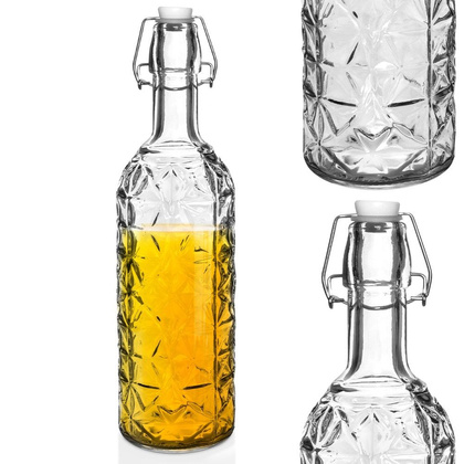 Butelka szklana zdobiona na alkohol wino nalewkę likier syrop sok z korkiem klipsem 0,75 l