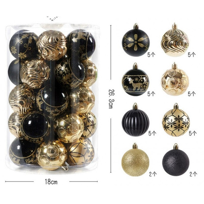Komplet bombek bożonarodzeniowych bombki 34 sztuki w opakowaniu złote czarne średnica 6cm BSN74