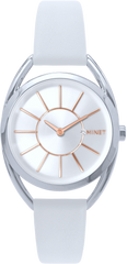 MINET Srebrny zegarek damski ICON SILVER z białym skórzanym paskiem