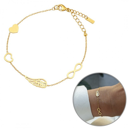 Bransoletka na rękę stal chirurgiczna pozłacana 14k złotem Celebrytka, skrzydełko, serca BST1554