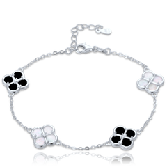 MINET Srebrna bransoletka koniczyna z białą i czarną masą perłową