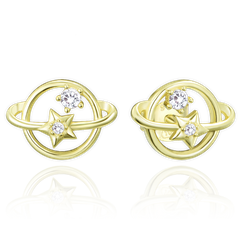MINET Pozłacane srebrne kolczyki Saturn z białą cyrkonią