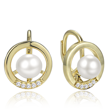MINET Eleganckie pozłacane srebrne kolczyki kółka z perłą i cyrkoniami
