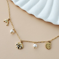 Bransoletka na stopę stal chirurgiczna pozłacana 14k złotem, muszle perły - BST1562