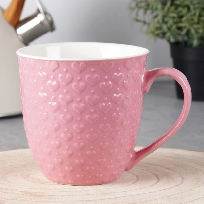 Duży kubek ceramiczny z uchem do kawy herbaty napojów serca różowy 580 ml