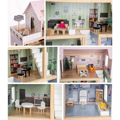 Domek dla lalek drewniany Led  62x27x77 cm + 3 lalki + kotek i piesek