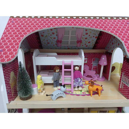 Domek dla lalek drewniany Led  XXXL 60x33x90 cm - 3 lalki , kotek i piesek