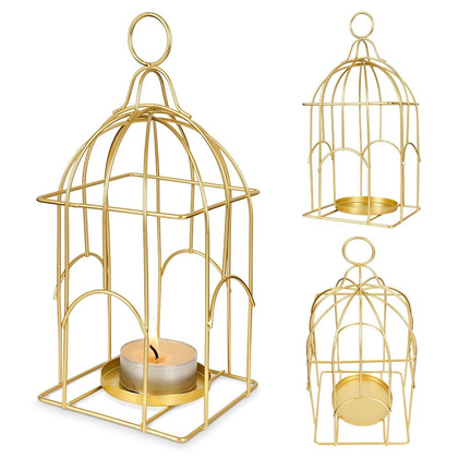 Lampion świecznik na świeczkę tealight metalowy złoty klatka dla ptaków