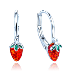 MINET Dziecięce srebrne kolczyki truskawki z czerwonym opalem