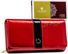 Skorzany lakierowany portfel damski z miejscem na dlugopis