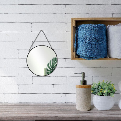 Lustro lusterko na łańcuszku w czarnej metalowej ramie okrągłe ścienne loft czarne 20 cm