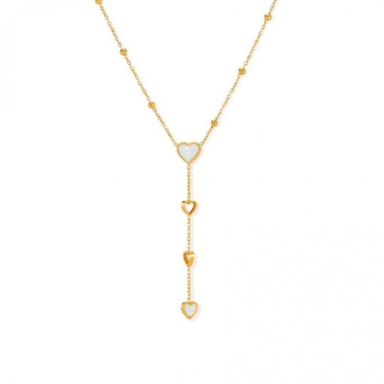 Naszyjnik stal szlachetna pozłacana 14k złotem, zwisający, serca masa perłowa NST2151